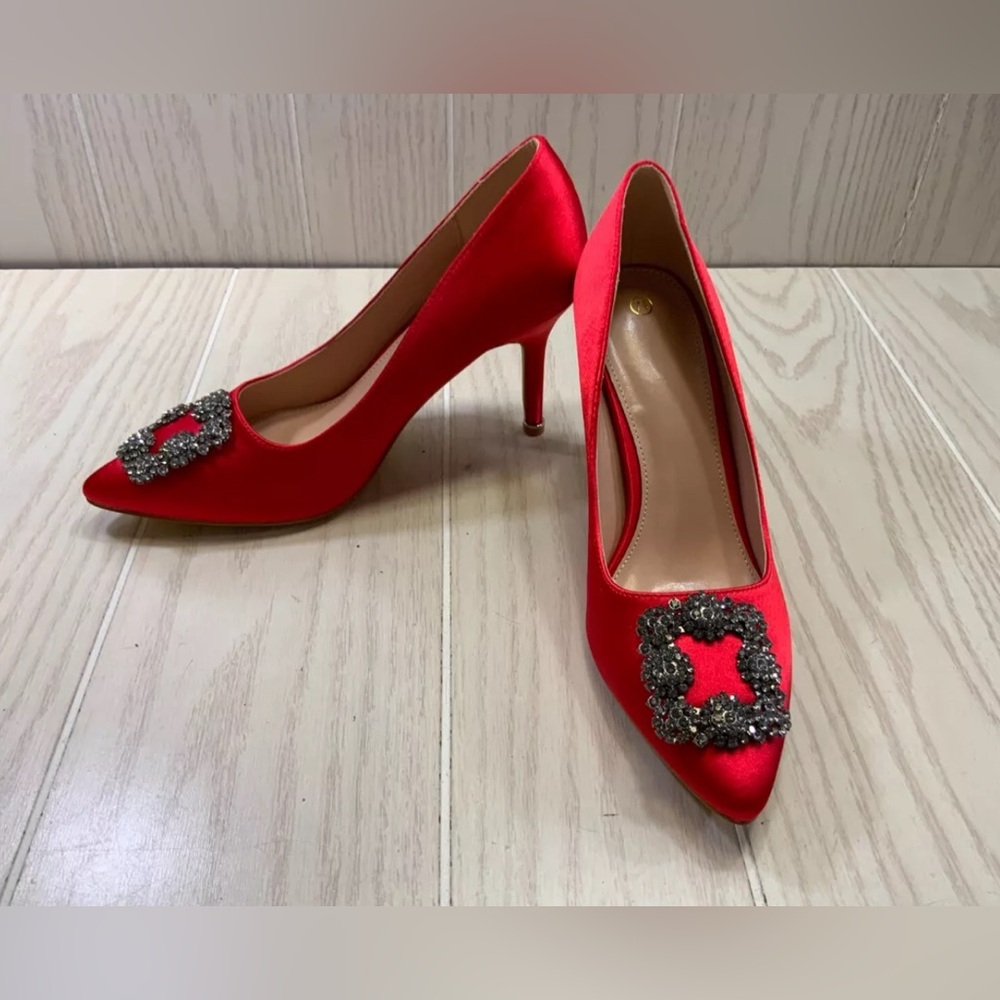 Red Satin Jeweled Heel